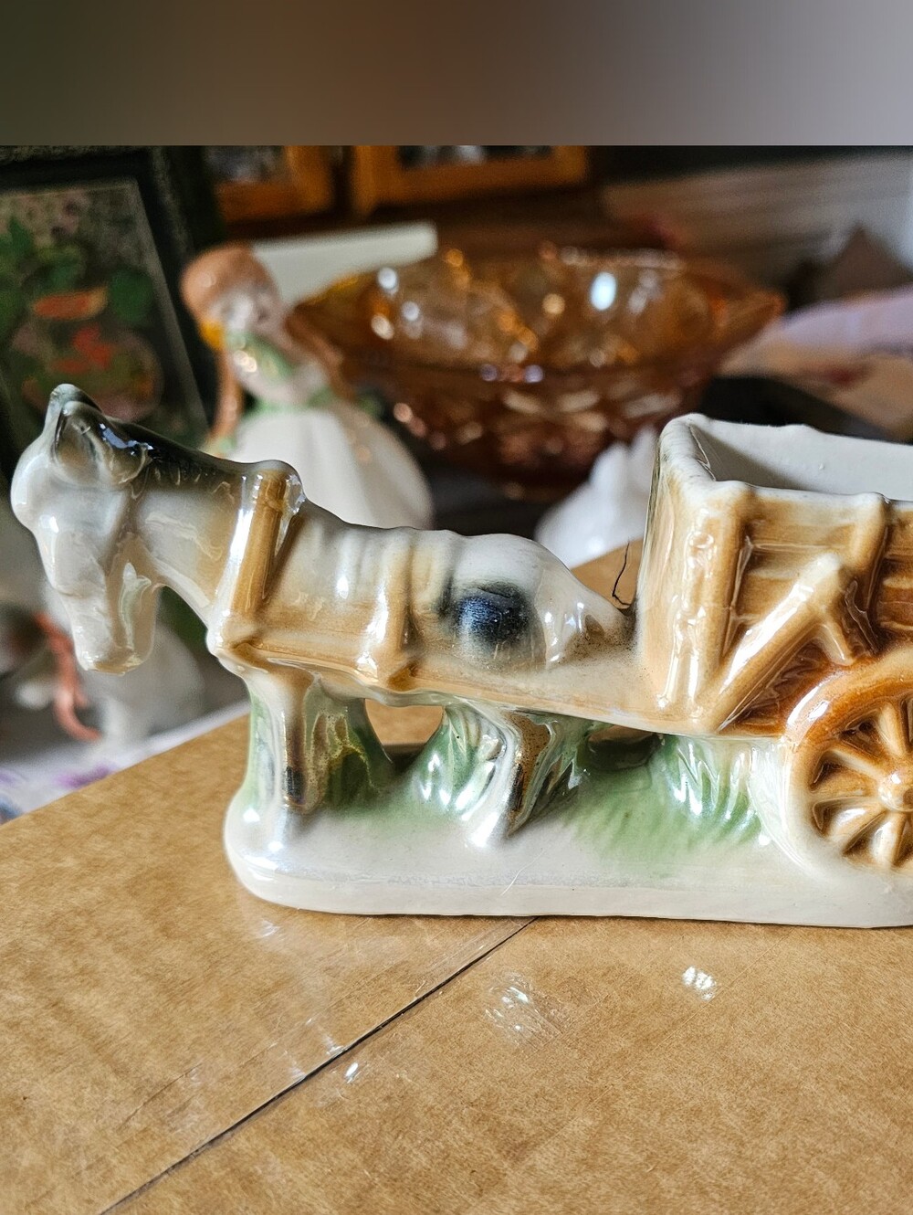 Vintage Ceramic Horse and Cart Planter - Brown and Green